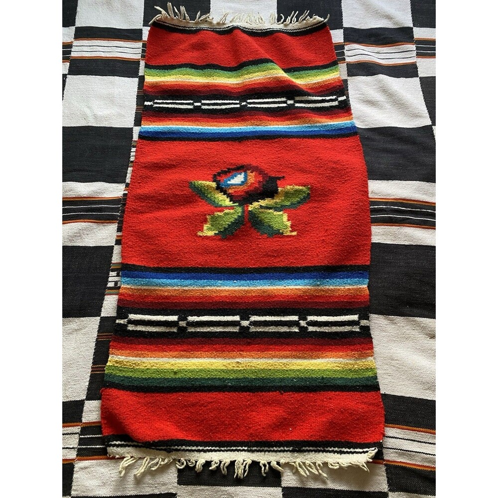 Vintage Handwoven Serape Kilim Rug Runner Wall Hanging. Rose. Wool Blend. Boho.